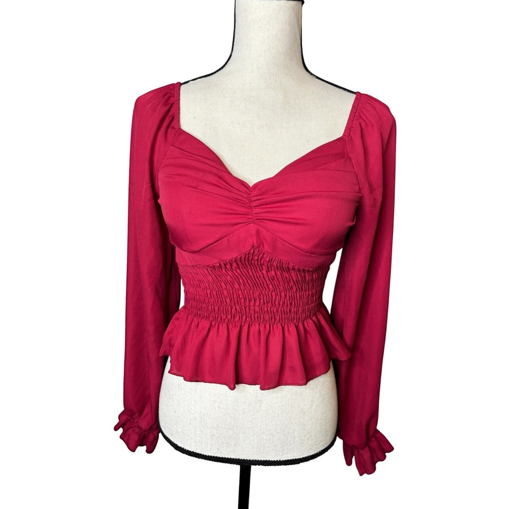 Timing Red Long Sleeve Peplum Blouse Smocked Waist Sweetheart Neck Small